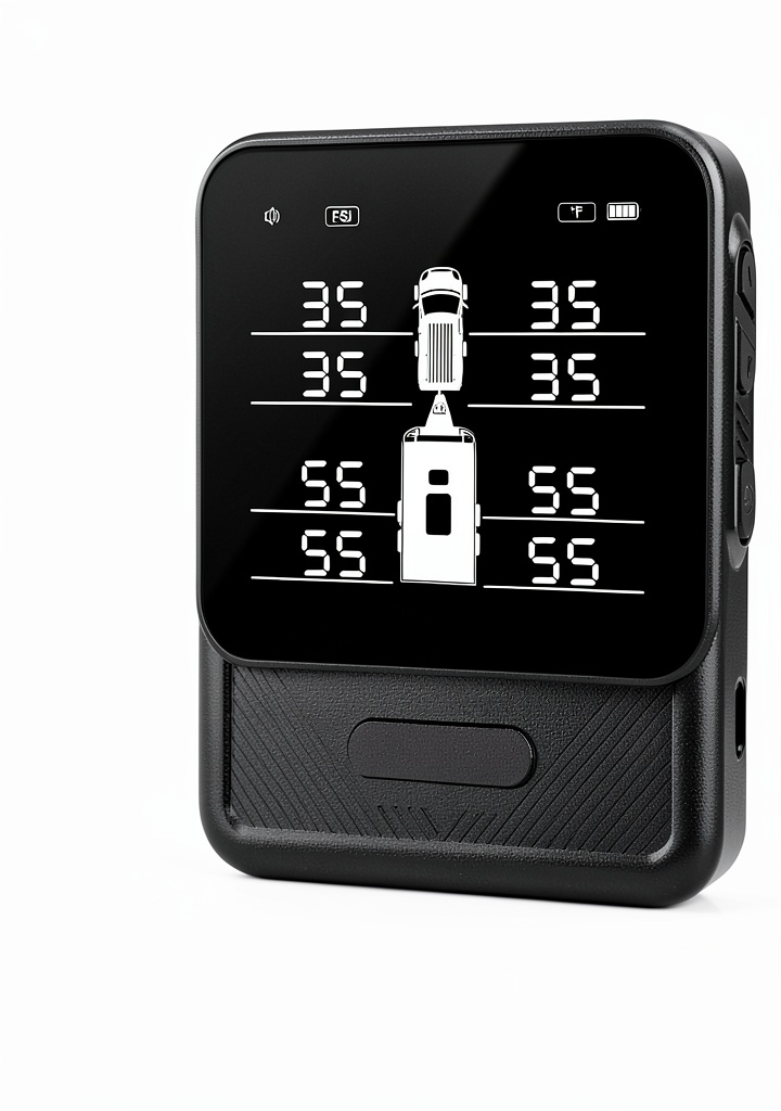 B-Qtech TPMS mounted on a car dashboard showing real‑time data